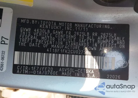 2012 Toyota Camry Se z USA, uszkodzony, nr VIN 4T1BF1FK2CU027568